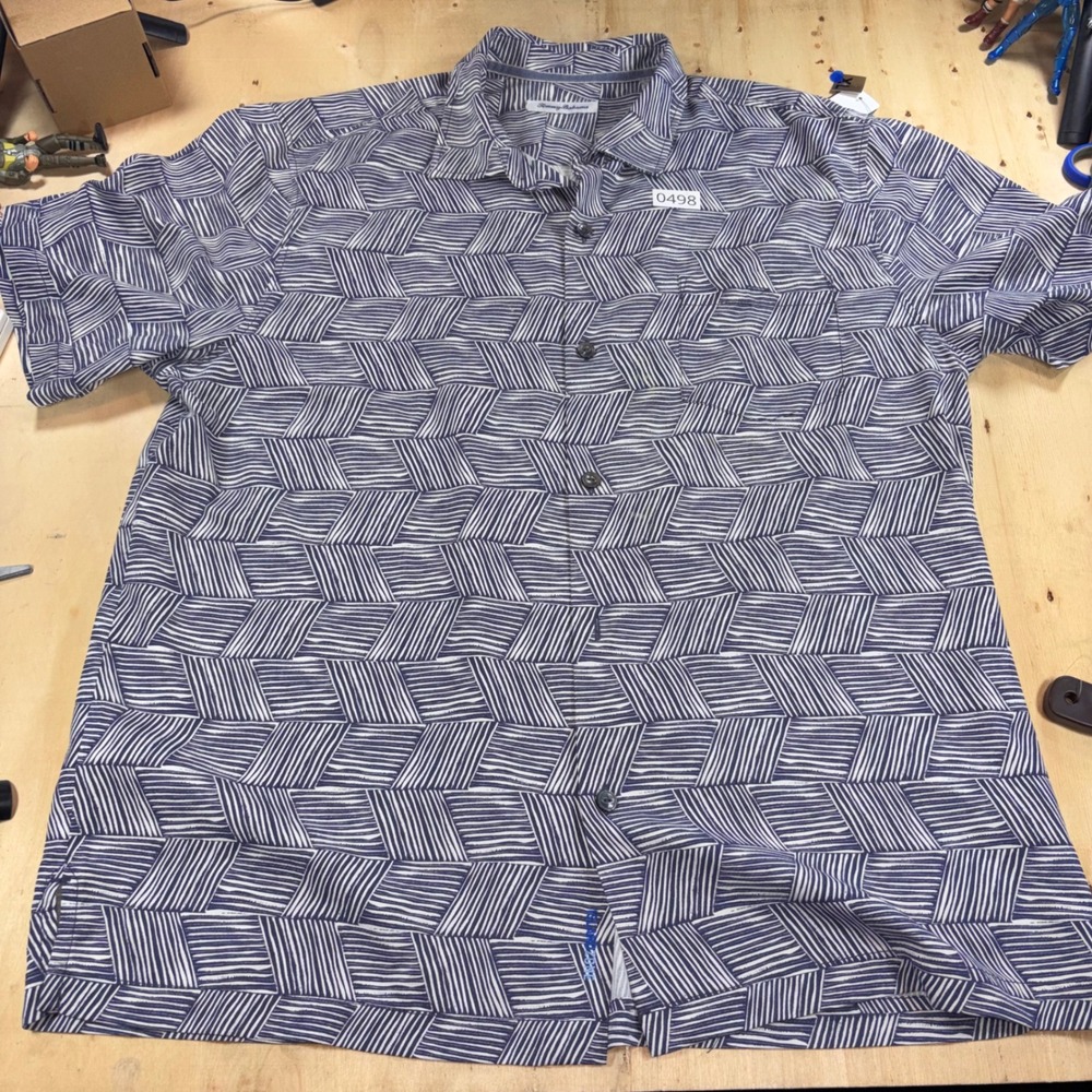 Tommy Bahama Mens XL Silk Coolmax Navy Blue Geometric Chevron Button Down Shirt
